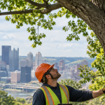 Arborist inspecting a large tree before removal in Pittsburgh, Pennsylvania