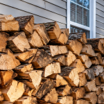 Firewood stacked beside a Pennsylvania home, ready for inspection before transport